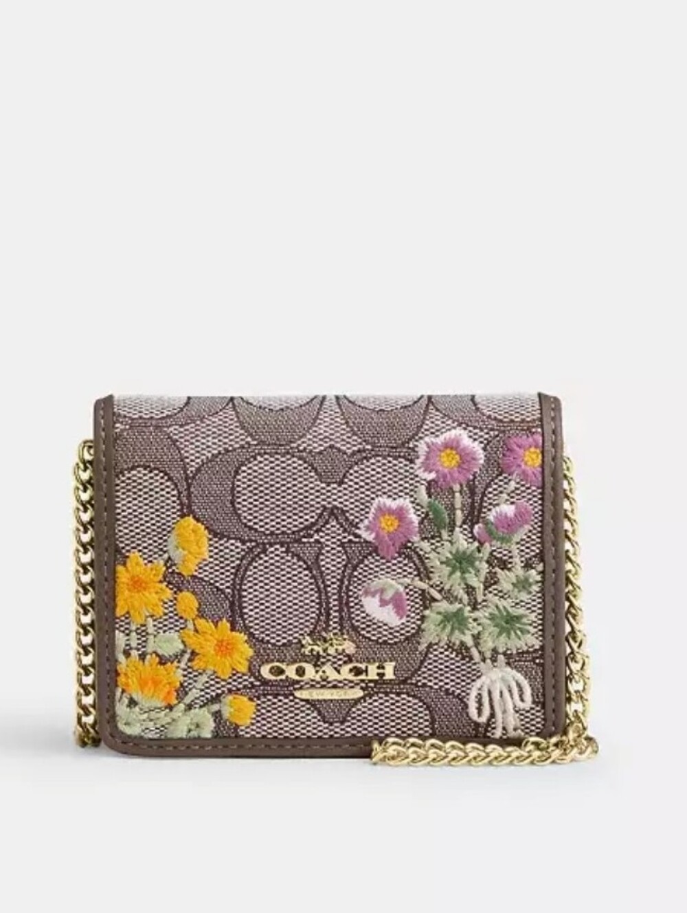 Coach Mini Wallet On Tje Chain In Signature Jacquard With Floral Print